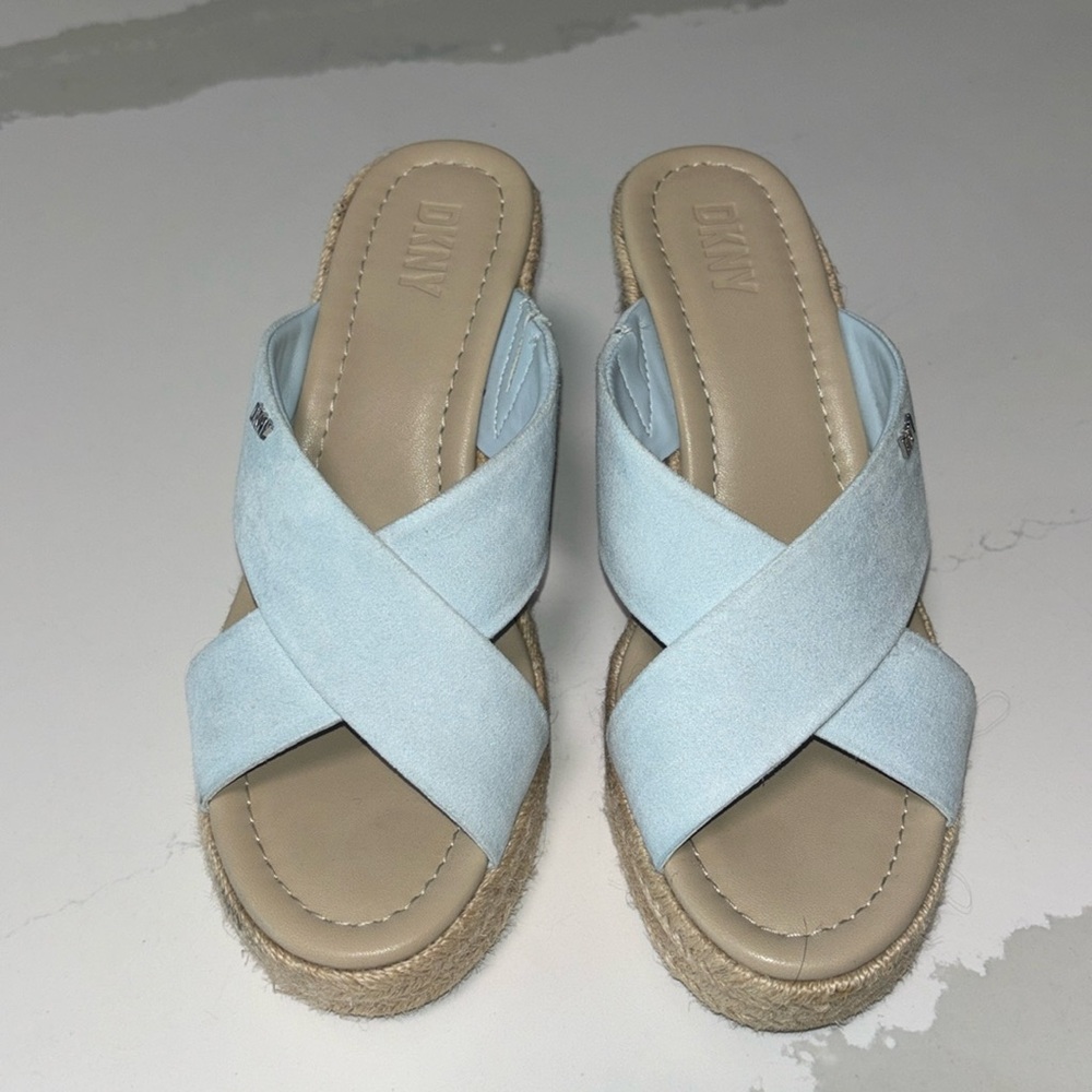 GUC DKNY Espadrille Slide Wedges 6.5 Light Blue MSRP $129